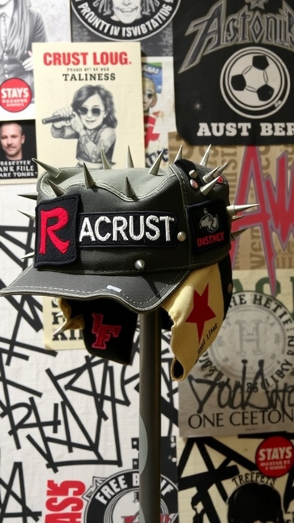 A customized crust punk hat featuring patches and spikes, showcasing a unique punk style.